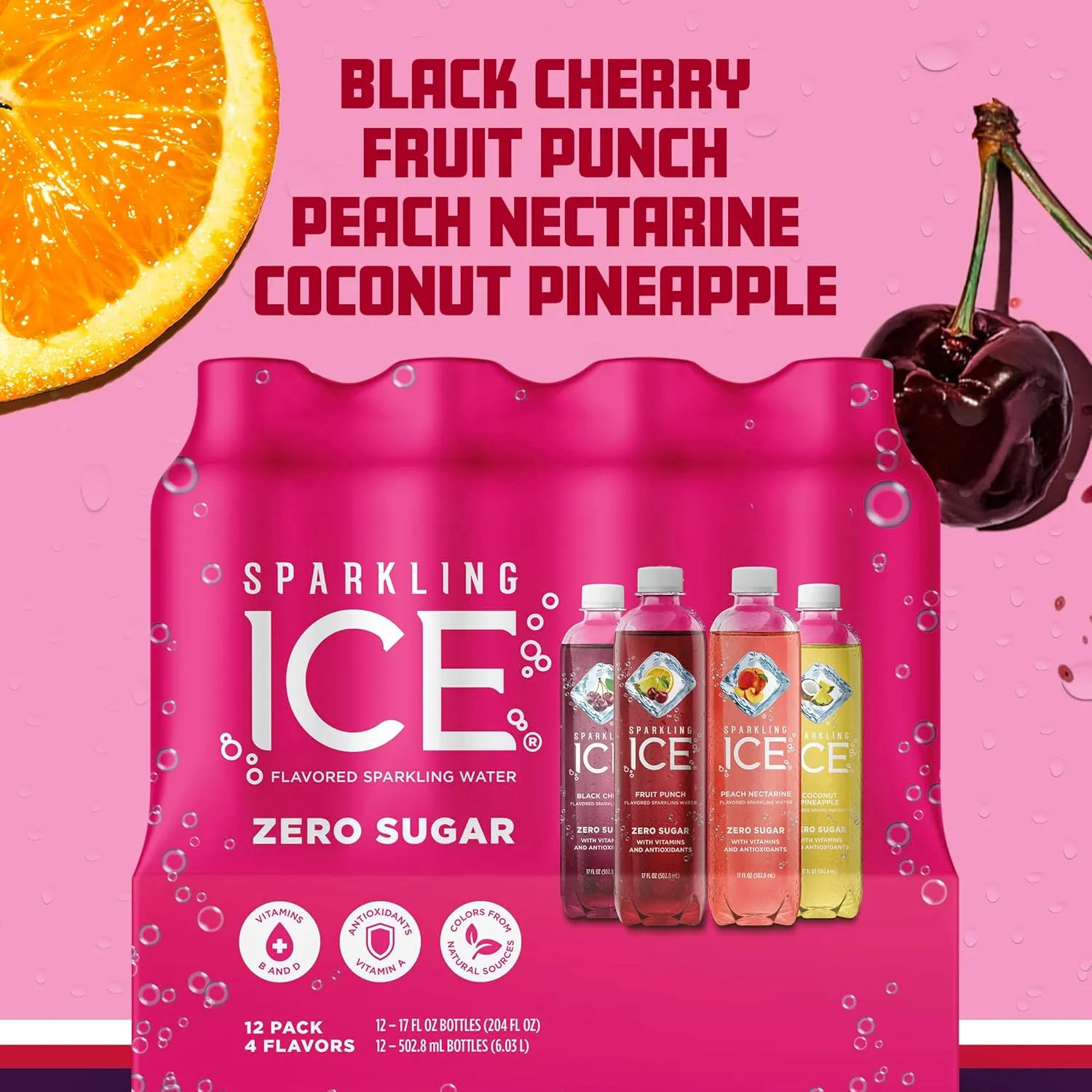 Sparkling Ice Pink Variety Pack, Flavored Sparkling Water, Zero Sugar, and Vitamins and Antioxidants, 17 fl oz, 12 count (Black Cherry, Peach Nectarine, Coconut Pineapple, Fruit Punch)