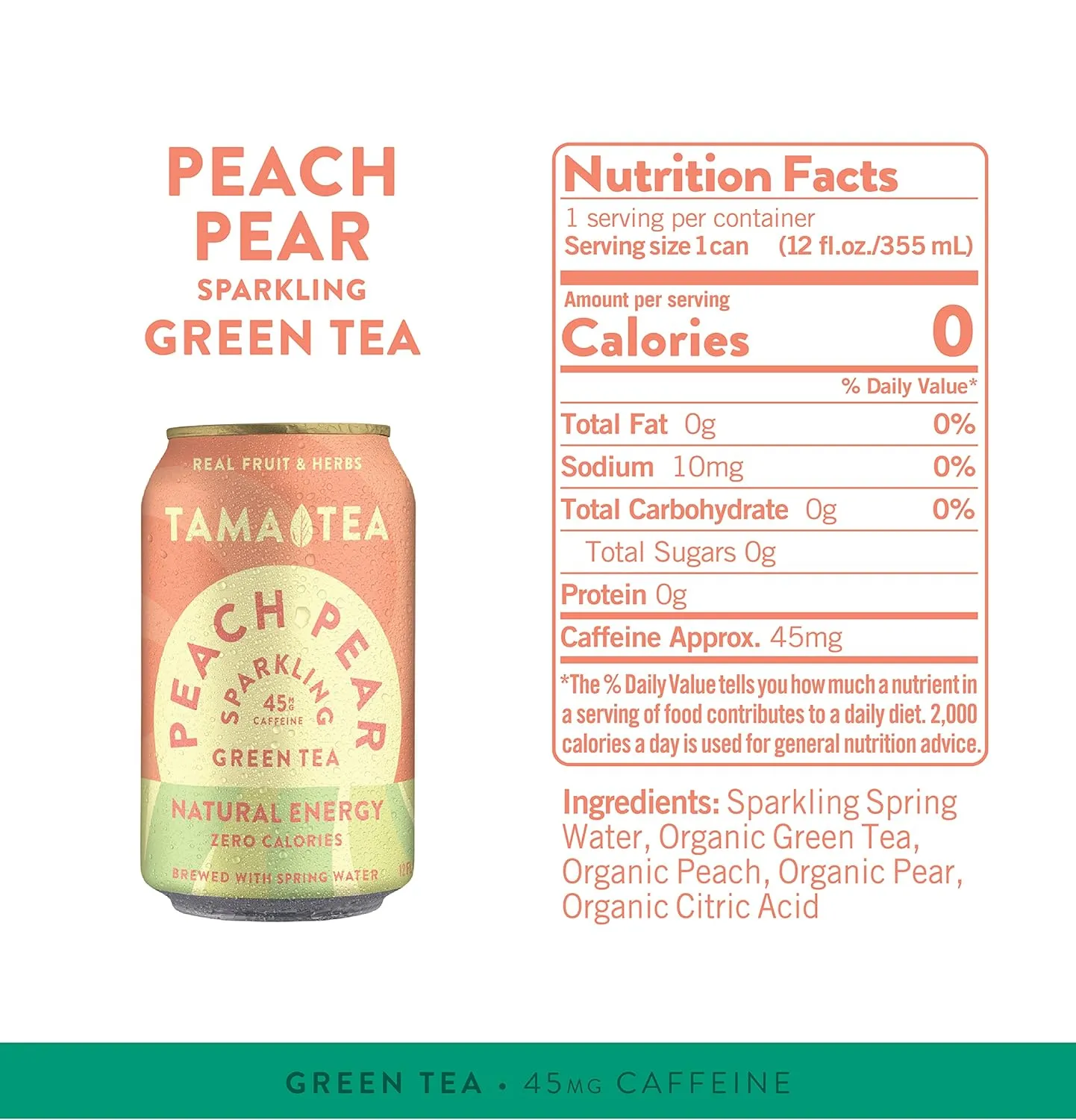 Sparkling Peach Pear Green Tea by Tama Tea - Made with Real Fruit & Herbs - Zero Sugar, Zero Calories, Non-GMO - Naturally Energizing Green Tea High in Antioxidants & Nootropics - 12 oz Pack of 12