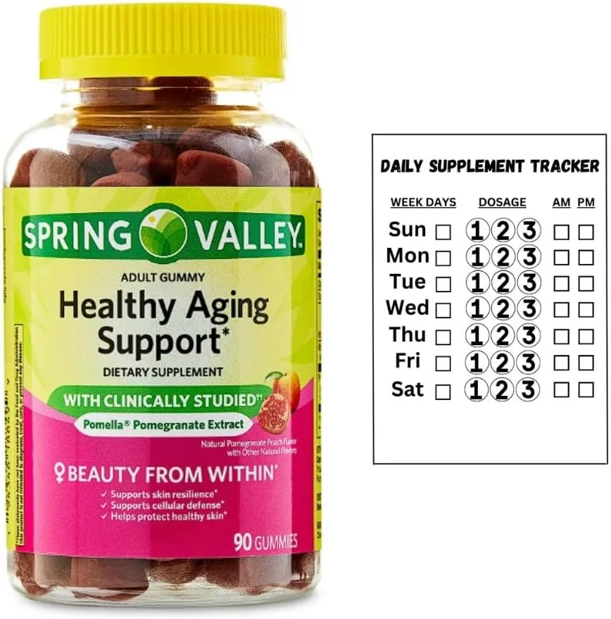 Spring Valley Pomegranate Extract Healthy Aging Support Supplement Gummies, 167 mg, 90 Count   Daily Supplement Tracker Sticker