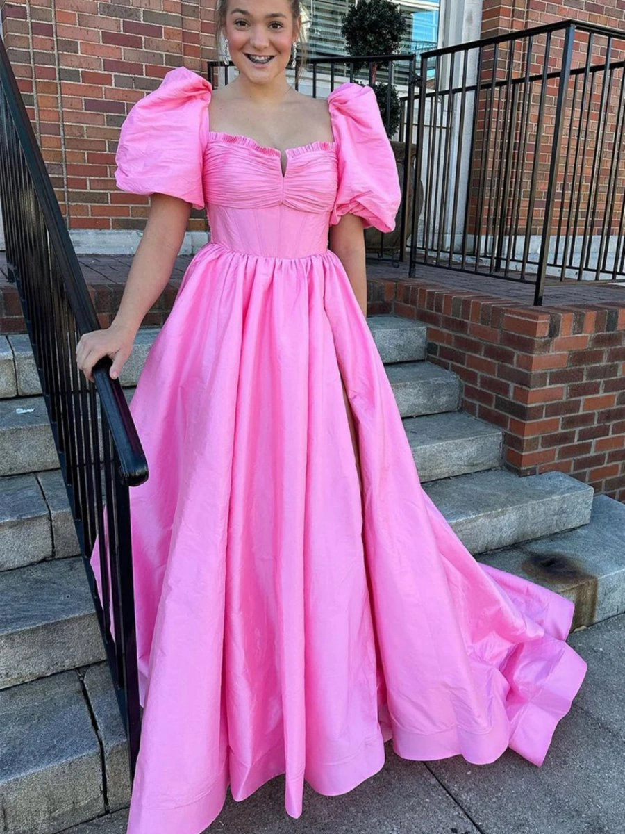 Square Neck Puff Sleeves A-line Prom Dresses