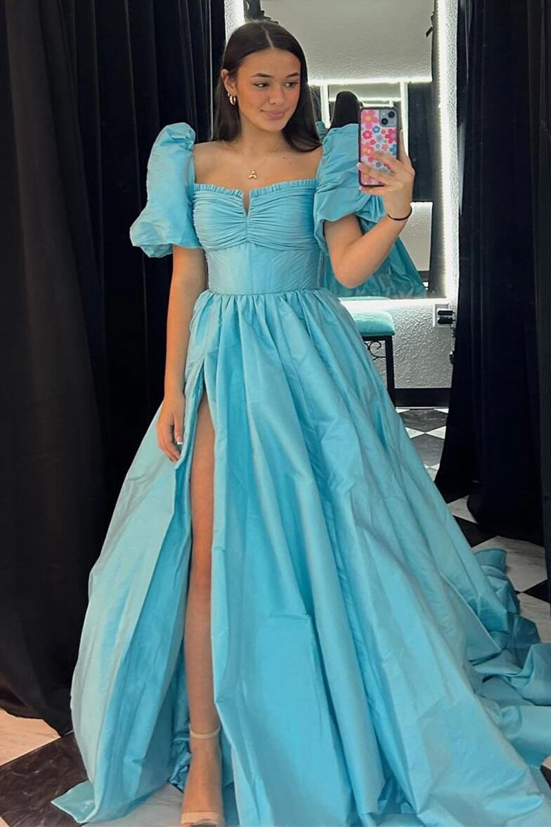 Square Neck Puff Sleeves A-line Prom Dresses