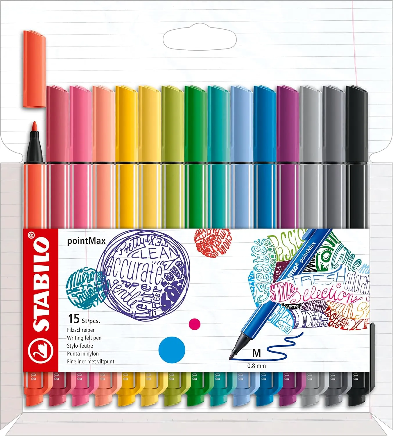 STABILO Nylon Tip Writing Pen pointMax - Wallet of 15 - Assorted Colors