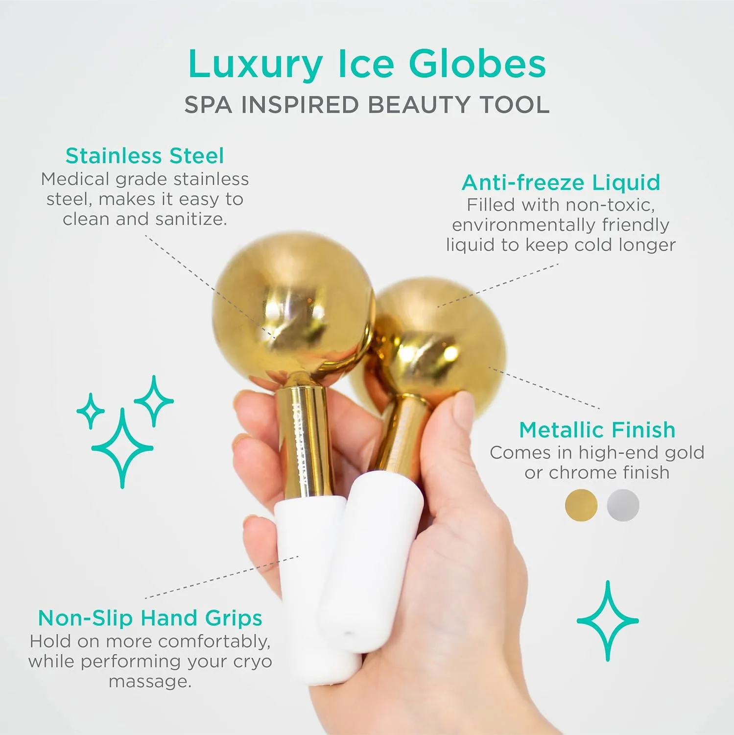 Stainless Steel Ice Globes for Facials (Gold Black Handle), Durable Cryo Globes Instantly Reduce Puffiness, Tighten Pores & Sinus Relief, Face Globes Facial Massages & Daily Beauty Routine