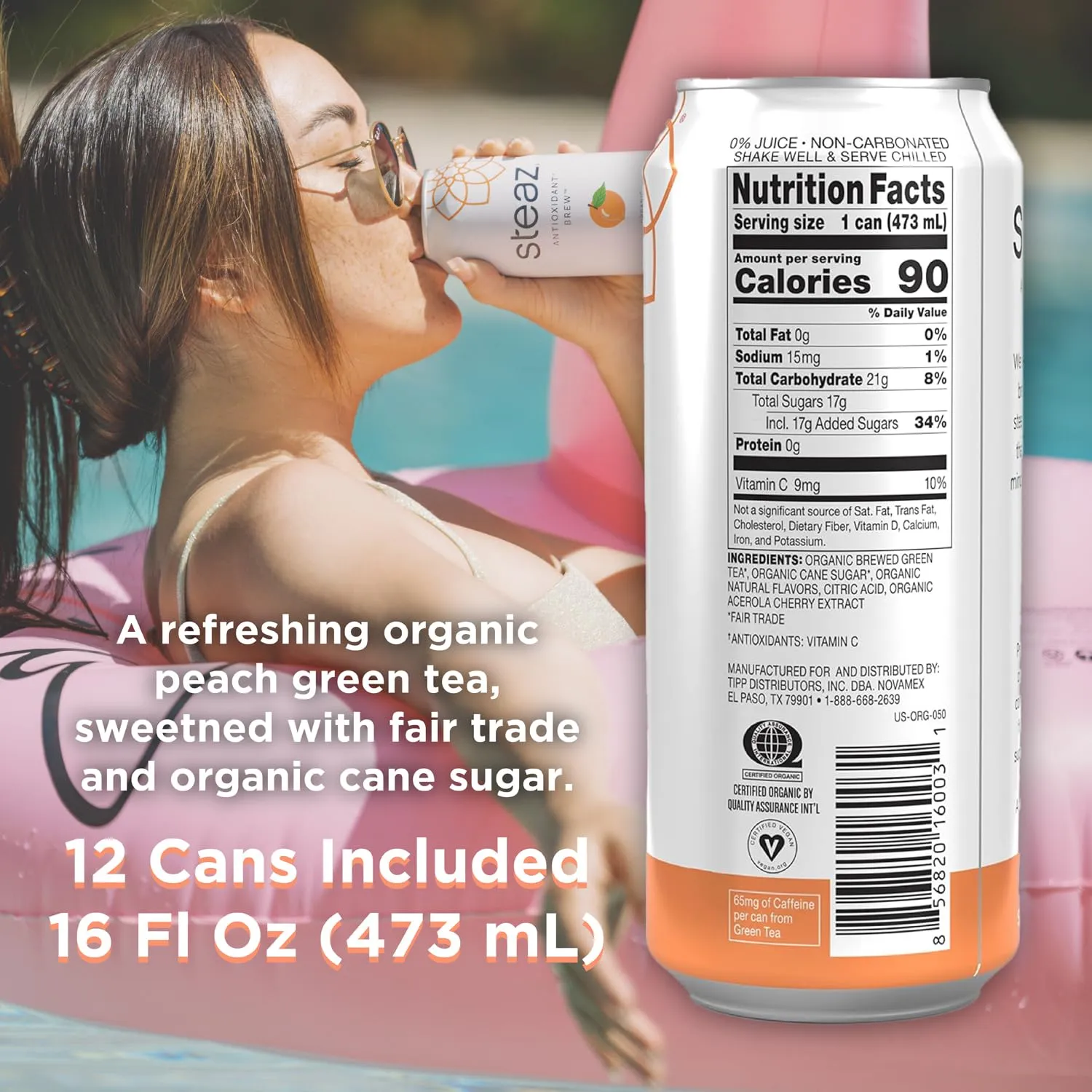 Steaz - Organic Green Tea - Peach Flavored (12 Pack) - Antioxidant Brew - 65mg Natural Caffeine, 90 Calories, Vitamin C - Cane Sugar Sweetened Iced Tea - Vegan, Fair Trade - 12 Cans, 16 fl oz (473mL)