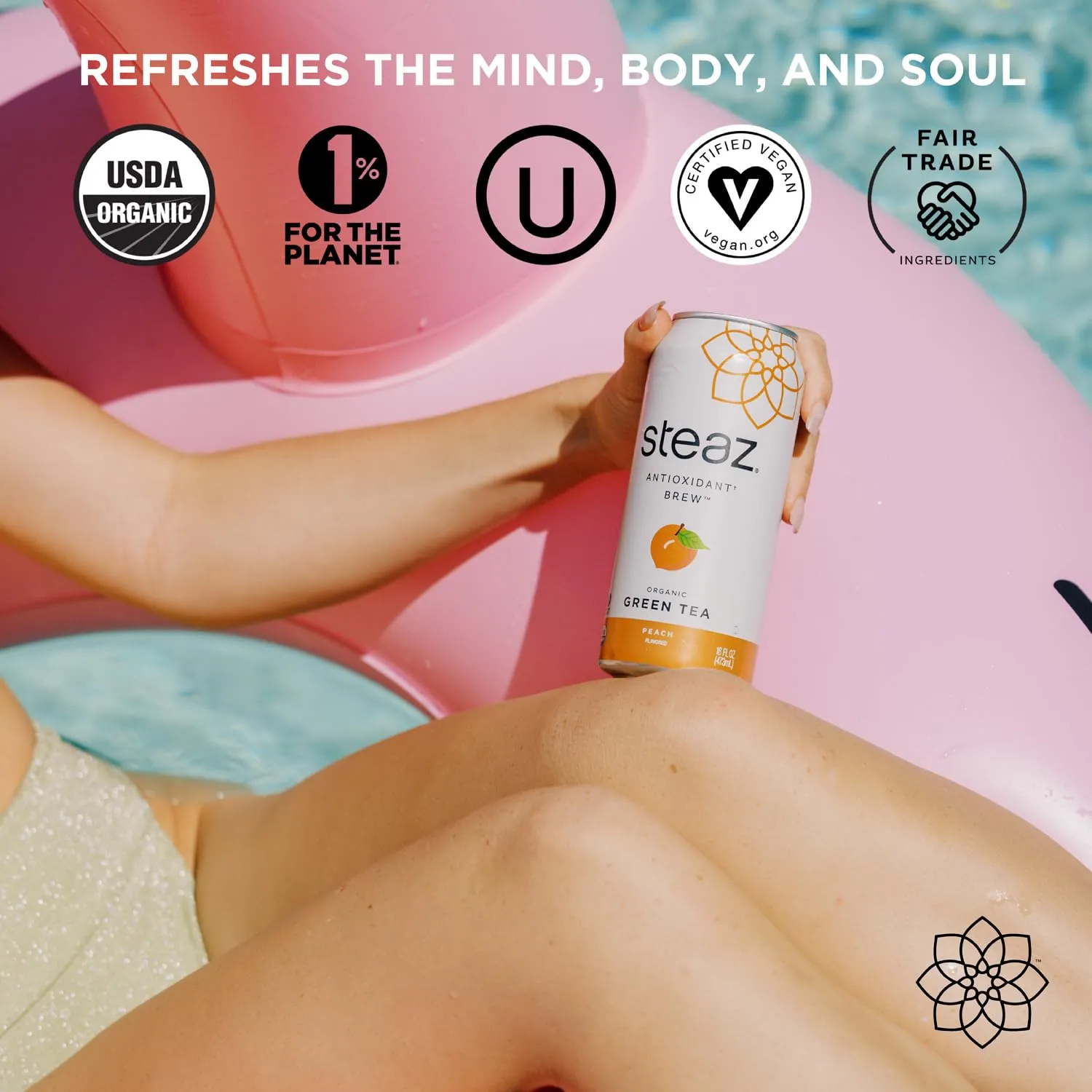Steaz - Organic Green Tea - Peach Flavored (12 Pack) - Antioxidant Brew - 65mg Natural Caffeine, 90 Calories, Vitamin C - Cane Sugar Sweetened Iced Tea - Vegan, Fair Trade - 12 Cans, 16 fl oz (473mL)