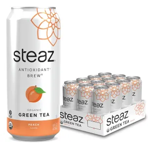 Steaz - Organic Green Tea - Peach Flavored (12 Pack) - Antioxidant Brew - 65mg Natural Caffeine, 90 Calories, Vitamin C - Cane Sugar Sweetened Iced Tea - Vegan, Fair Trade - 12 Cans, 16 fl oz (473mL)