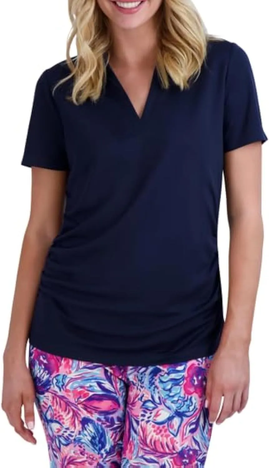 Stella Parker Women's Side Ruched Yoke Neck Short Sleeve Top