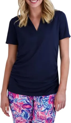 Stella Parker Women's Side Ruched Yoke Neck Short Sleeve Top