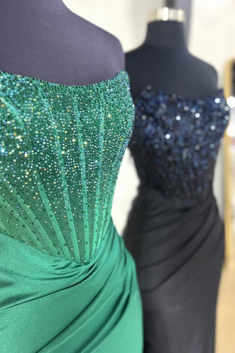 Strapless Mermaid Beaded Long Prom Dresses with Slit