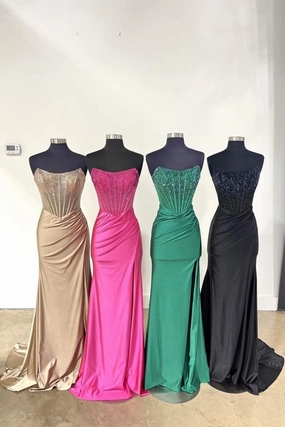 Strapless Mermaid Beaded Long Prom Dresses with Slit