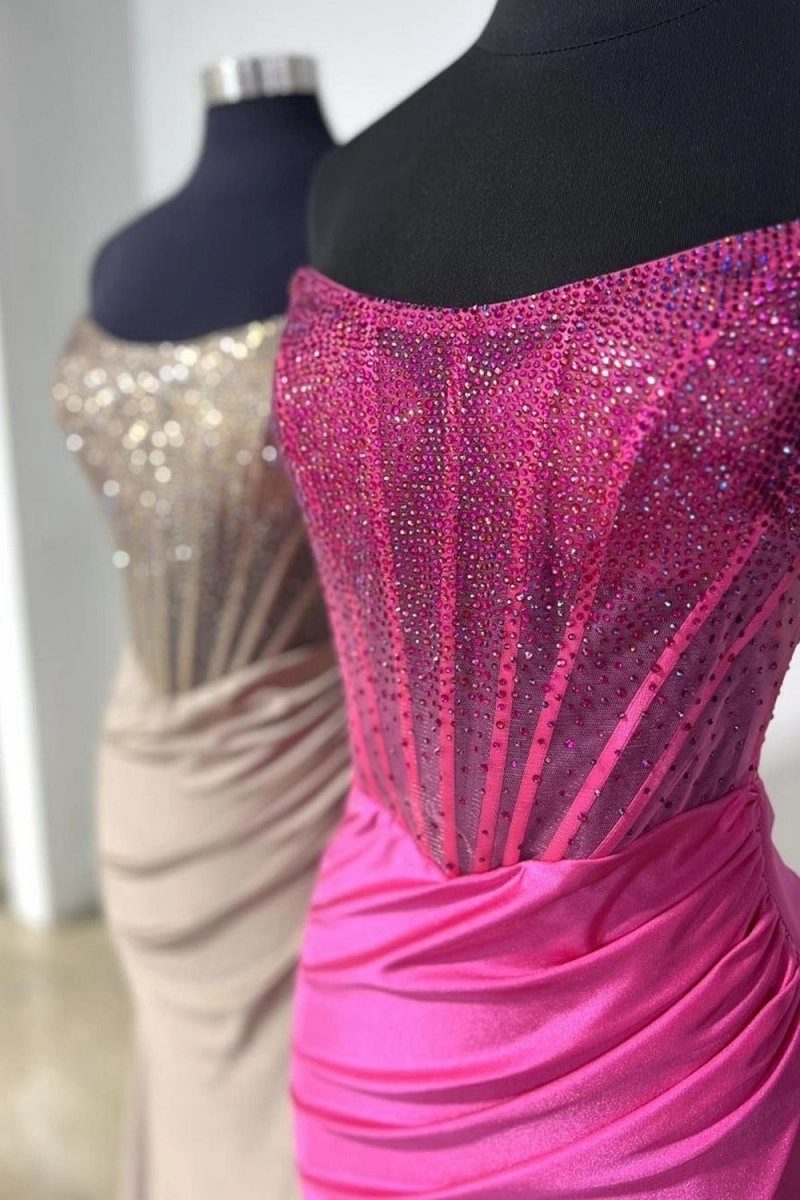 Strapless Mermaid Beaded Long Prom Dresses with Slit