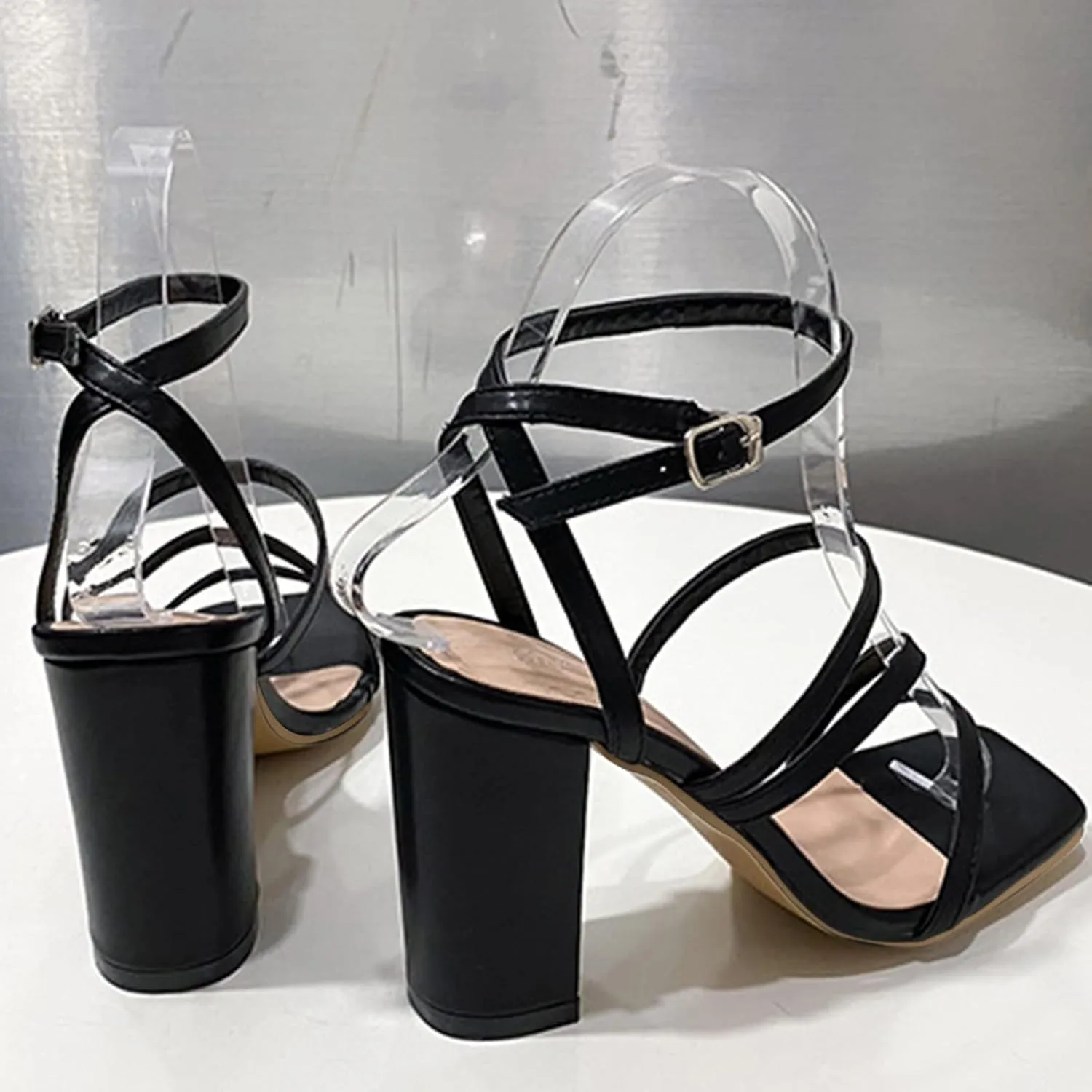 Strappy Heels for Women Bow Ankle Wrap Chunky Heels Open Toe Strappy Sandals Wedding Bride Dressy Pumps Block Heels