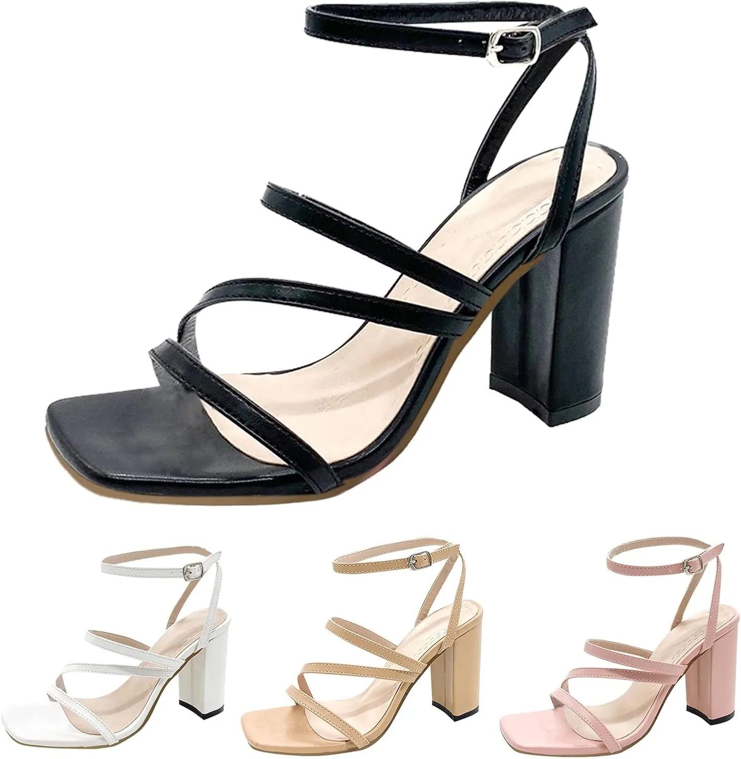 Strappy Heels for Women Bow Ankle Wrap Chunky Heels Open Toe Strappy Sandals Wedding Bride Dressy Pumps Block Heels