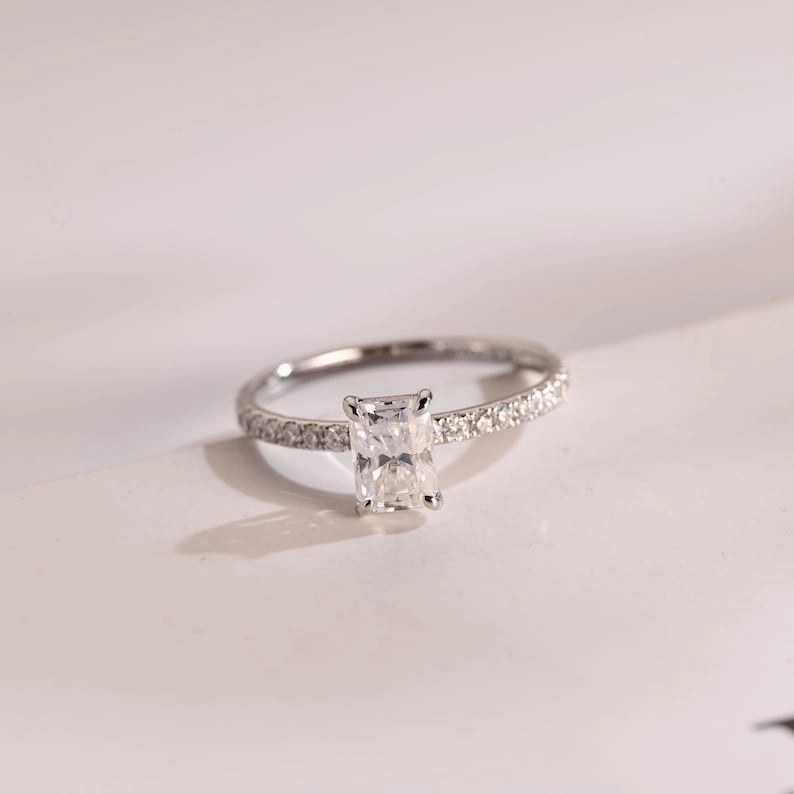 Stunning 1.0 - 2.0 CT Radiant Moissanite Engagement Ring with Pave Design