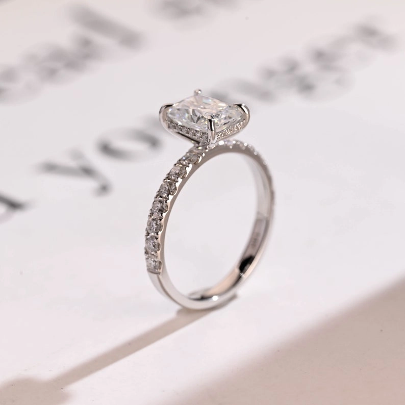Stunning 1.5 - 2.5 CT Radiant Moissanite Engagement Ring with Pave & Hidden Halo Design