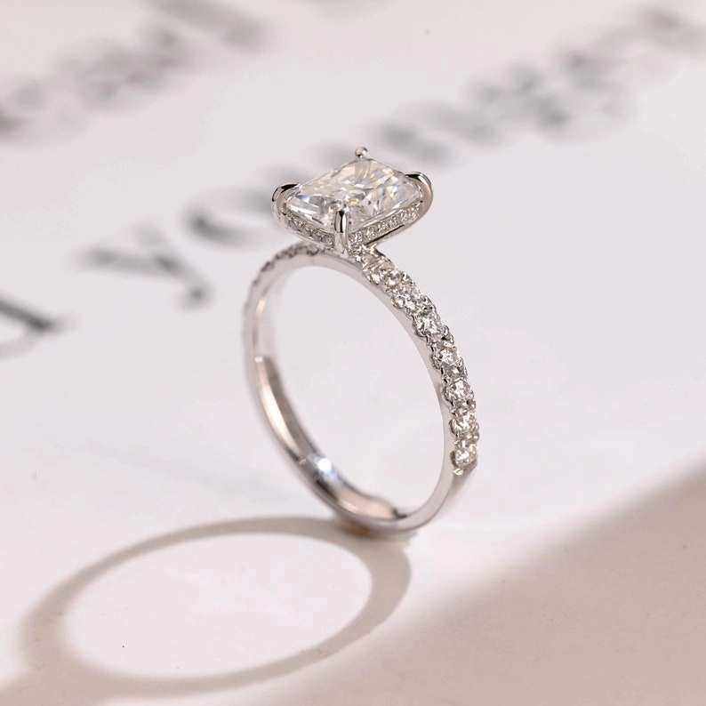 Stunning 1.5 - 2.5 CT Radiant Moissanite Engagement Ring with Pave & Hidden Halo Design