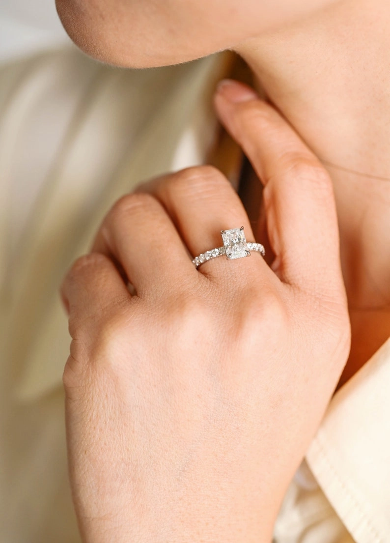 Stunning 1.5 - 2.5 CT Radiant Moissanite Engagement Ring with Pave & Hidden Halo Design