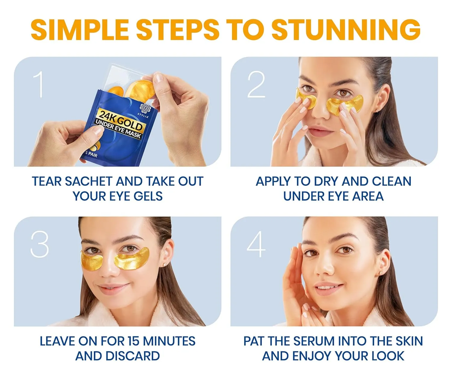 Stylia Under Eye Patches for Puffy Eyes and Dark Circles (20 Pairs) - 24k Gold Under Eye Mask with Vitamin C, Hyaluronic Acid, Pearl Extract - Eye Masks for Dark Circles and Puffiness