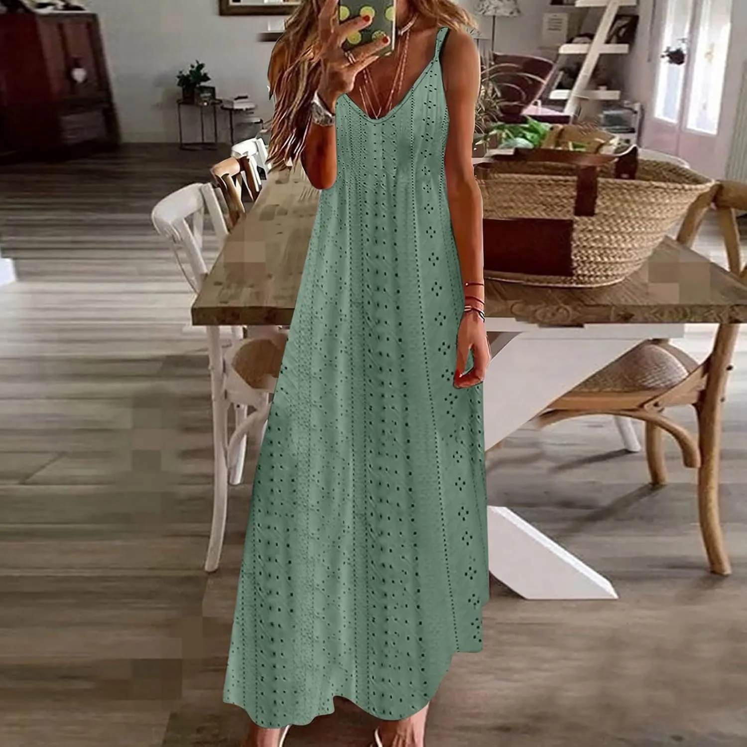 Summer Dresses for Women 2024 Spaghetti Strap V Neck Eyelet Maxi Dress Elegant Casual Sleeveless Hollow Out Sundress