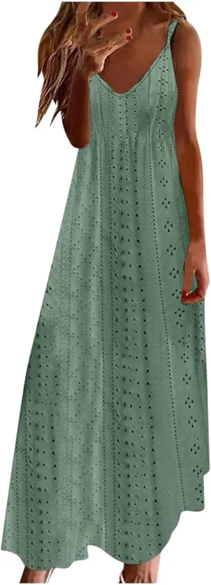 Summer Dresses for Women 2024 Spaghetti Strap V Neck Eyelet Maxi Dress Elegant Casual Sleeveless Hollow Out Sundress