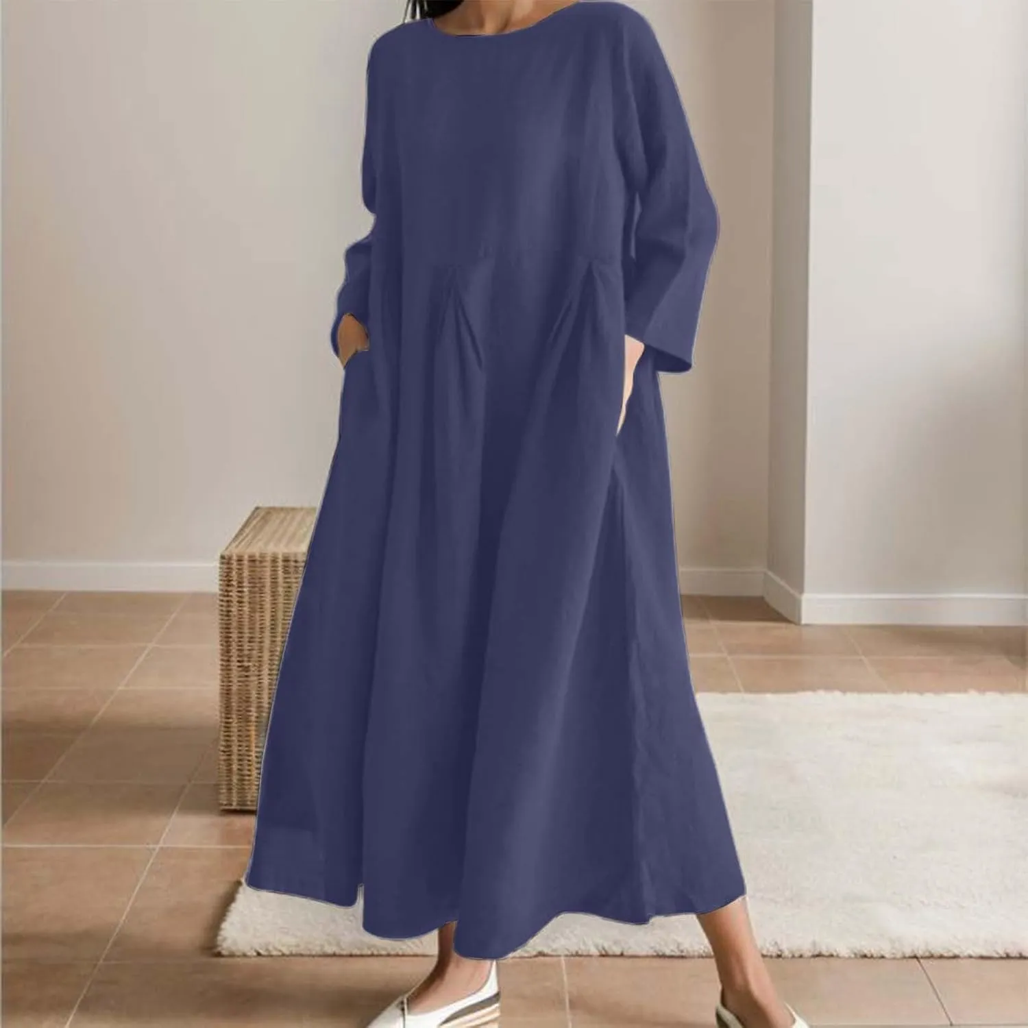 Summer Dresses for Women 2025 Linen Baggy Long Sleeve Casual Dress Lounge Crew Neck Flowy Comfy Long Dress