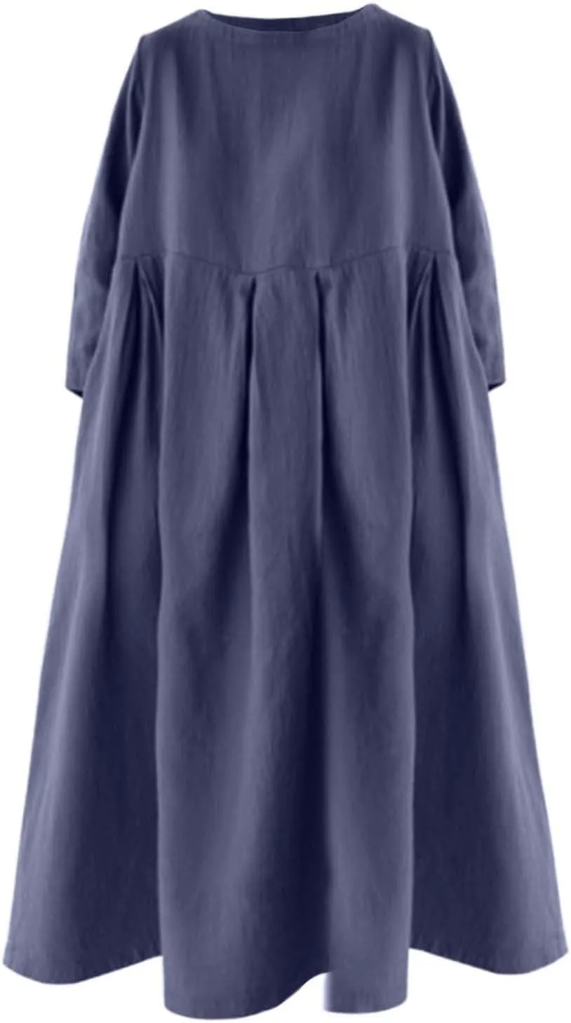 Summer Dresses for Women 2025 Linen Baggy Long Sleeve Casual Dress Lounge Crew Neck Flowy Comfy Long Dress