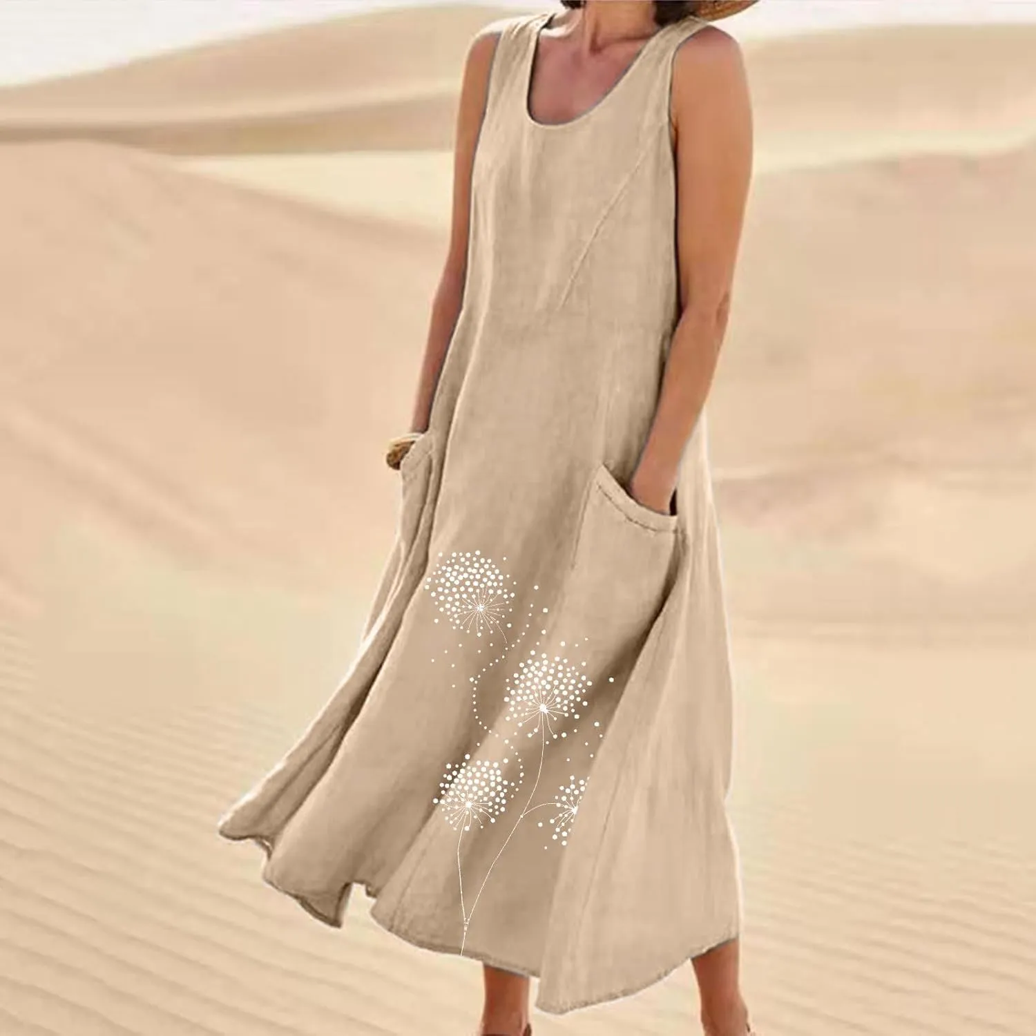 Summer Maxi Dresses for Women 2025 Fashion Print Sleeveless Sun Dress Casual Crewneck Relaxed Fittes Boho Clothes