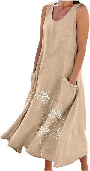 Summer Maxi Dresses for Women 2025 Fashion Print Sleeveless Sun Dress Casual Crewneck Relaxed Fittes Boho Clothes