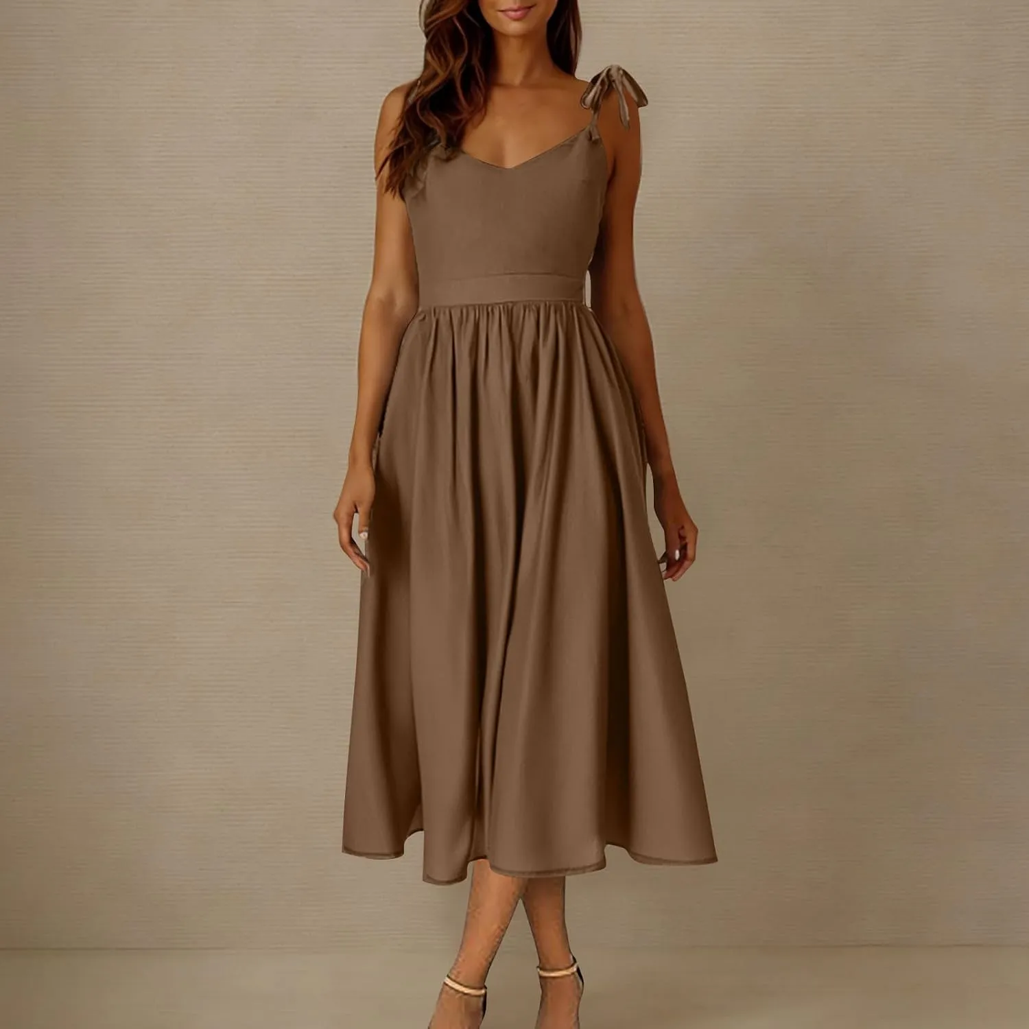 Summer Midi Skirt for Womens Straps Sleeveless V Neck Dress Pleated Ruffle Hem A Line Dresses Beach Party Cocktail