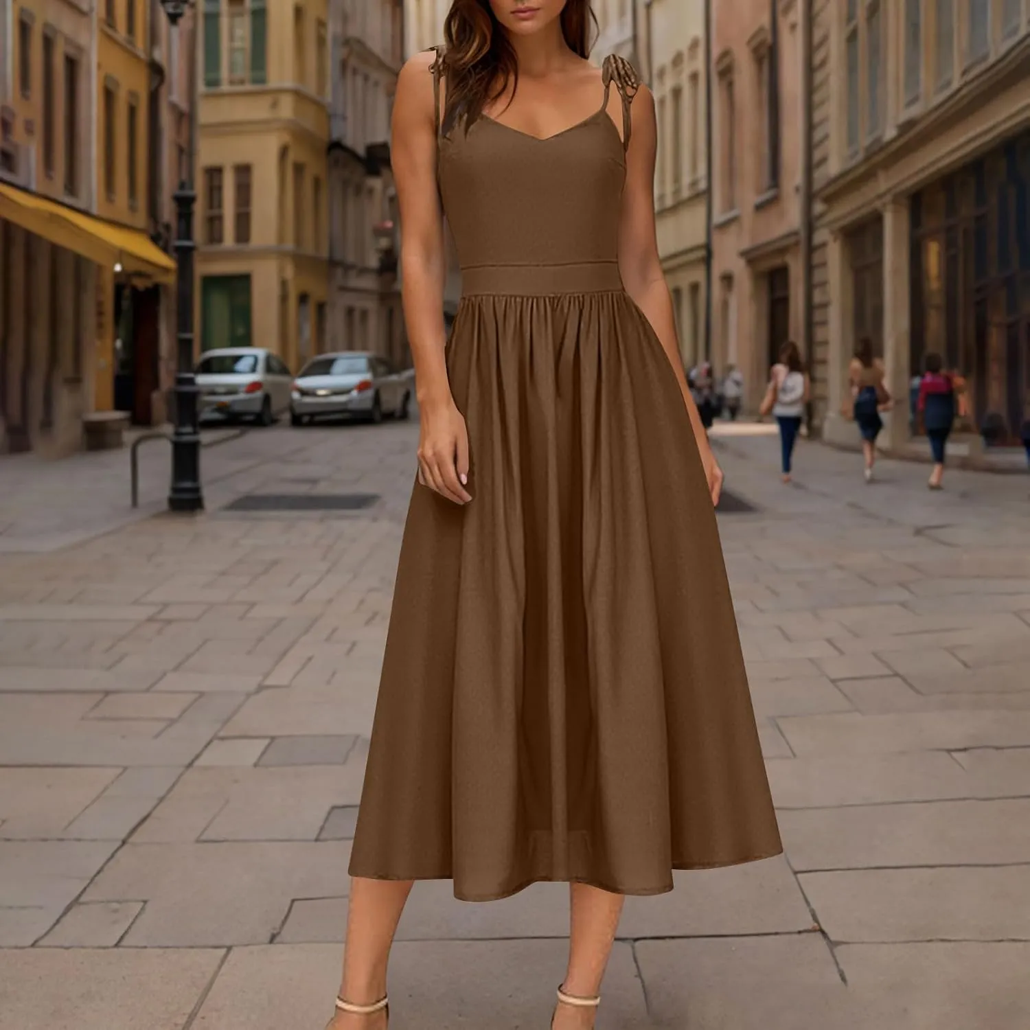 Summer Midi Skirt for Womens Straps Sleeveless V Neck Dress Pleated Ruffle Hem A Line Dresses Beach Party Cocktail