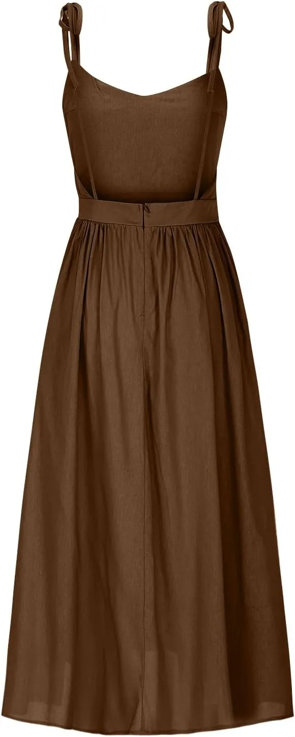 Summer Midi Skirt for Womens Straps Sleeveless V Neck Dress Pleated Ruffle Hem A Line Dresses Beach Party Cocktail
