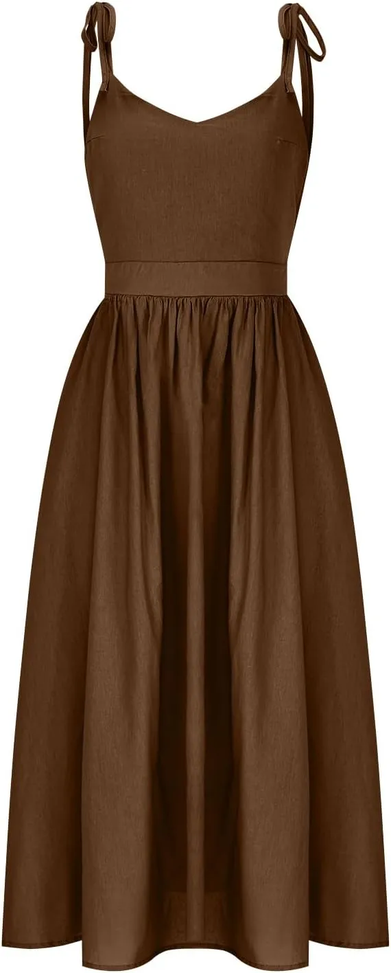 Summer Midi Skirt for Womens Straps Sleeveless V Neck Dress Pleated Ruffle Hem A Line Dresses Beach Party Cocktail
