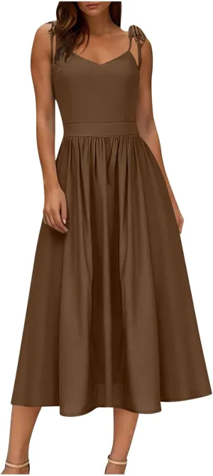 Summer Midi Skirt for Womens Straps Sleeveless V Neck Dress Pleated Ruffle Hem A Line Dresses Beach Party Cocktail