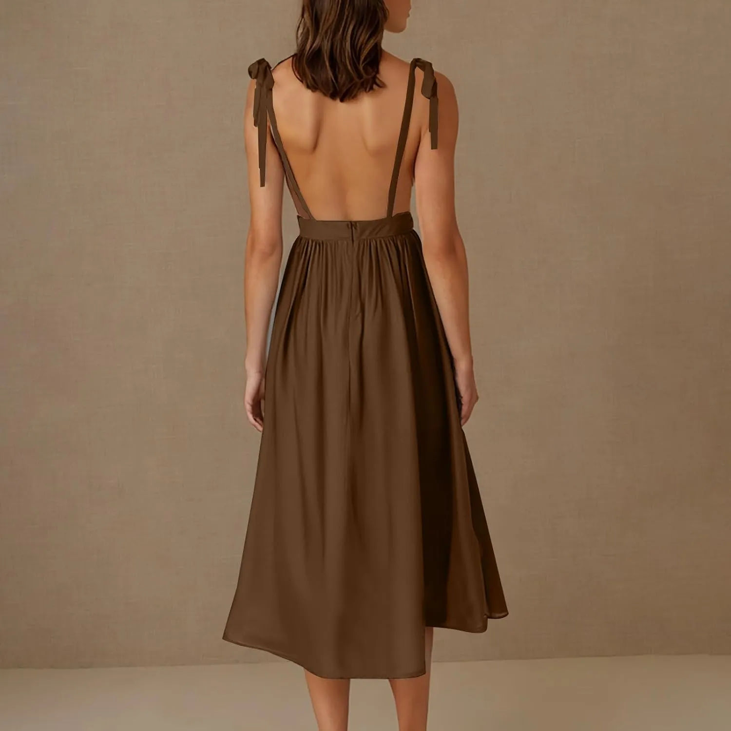 Summer Midi Skirt for Womens Straps Sleeveless V Neck Dress Pleated Ruffle Hem A Line Dresses Beach Party Cocktail