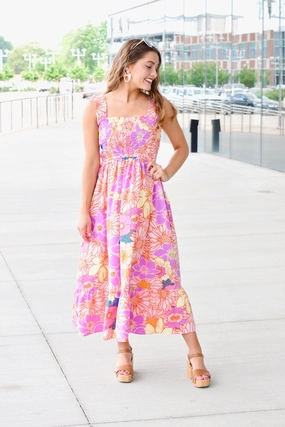 Summer Blooms Lavender Floral Midi Dress