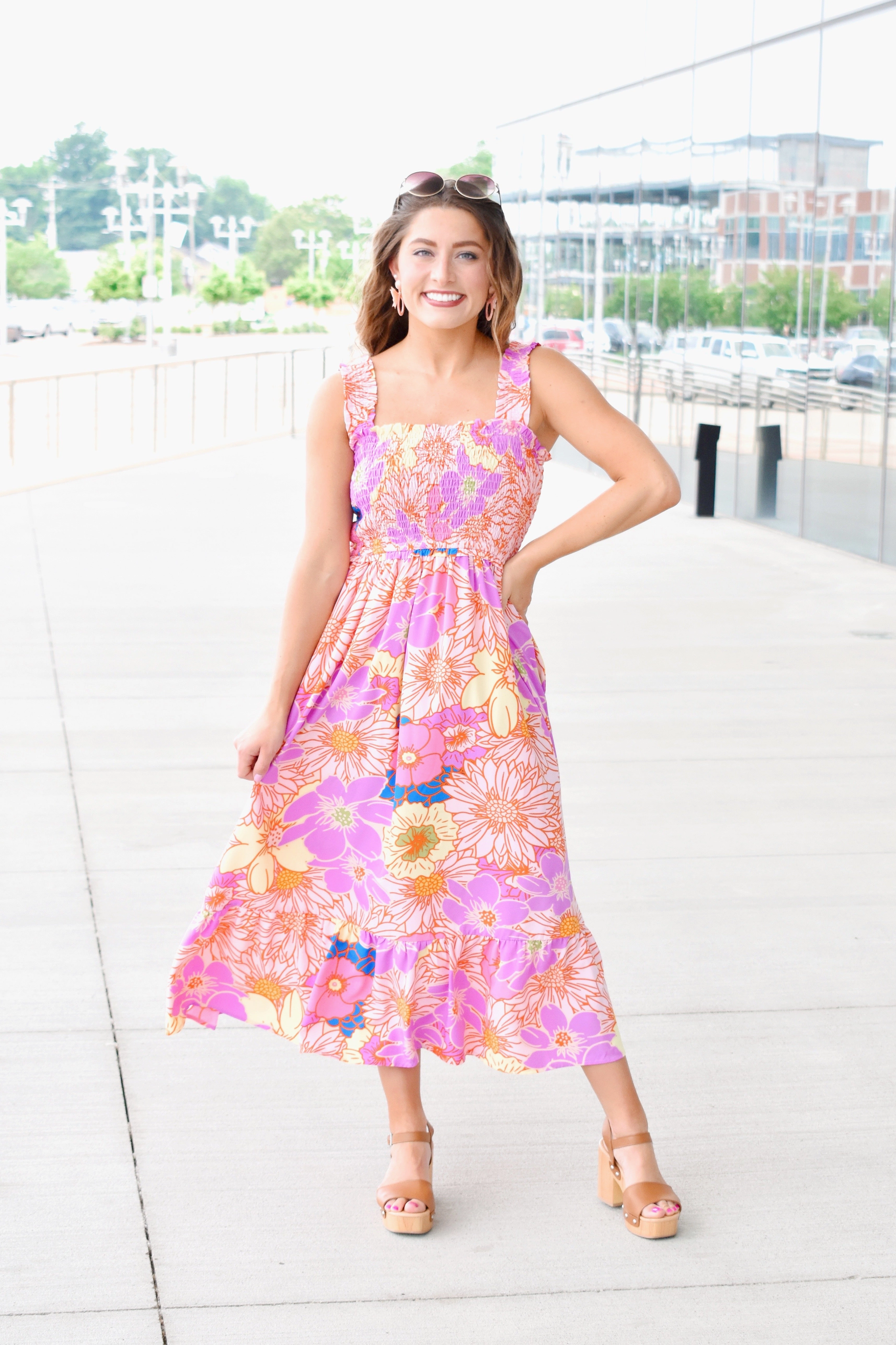 Summer Blooms Lavender Floral Midi Dress
