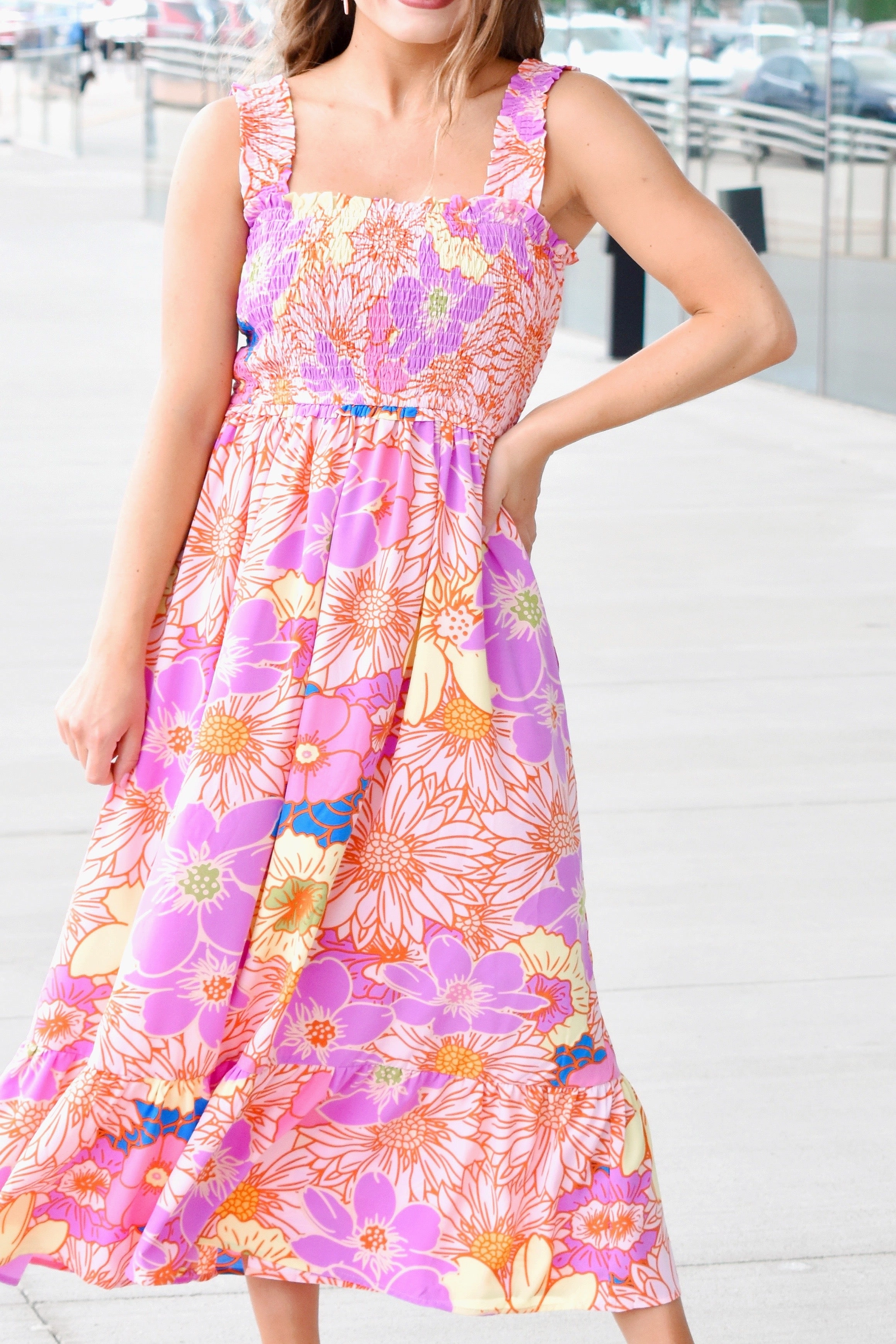 Summer Blooms Lavender Floral Midi Dress