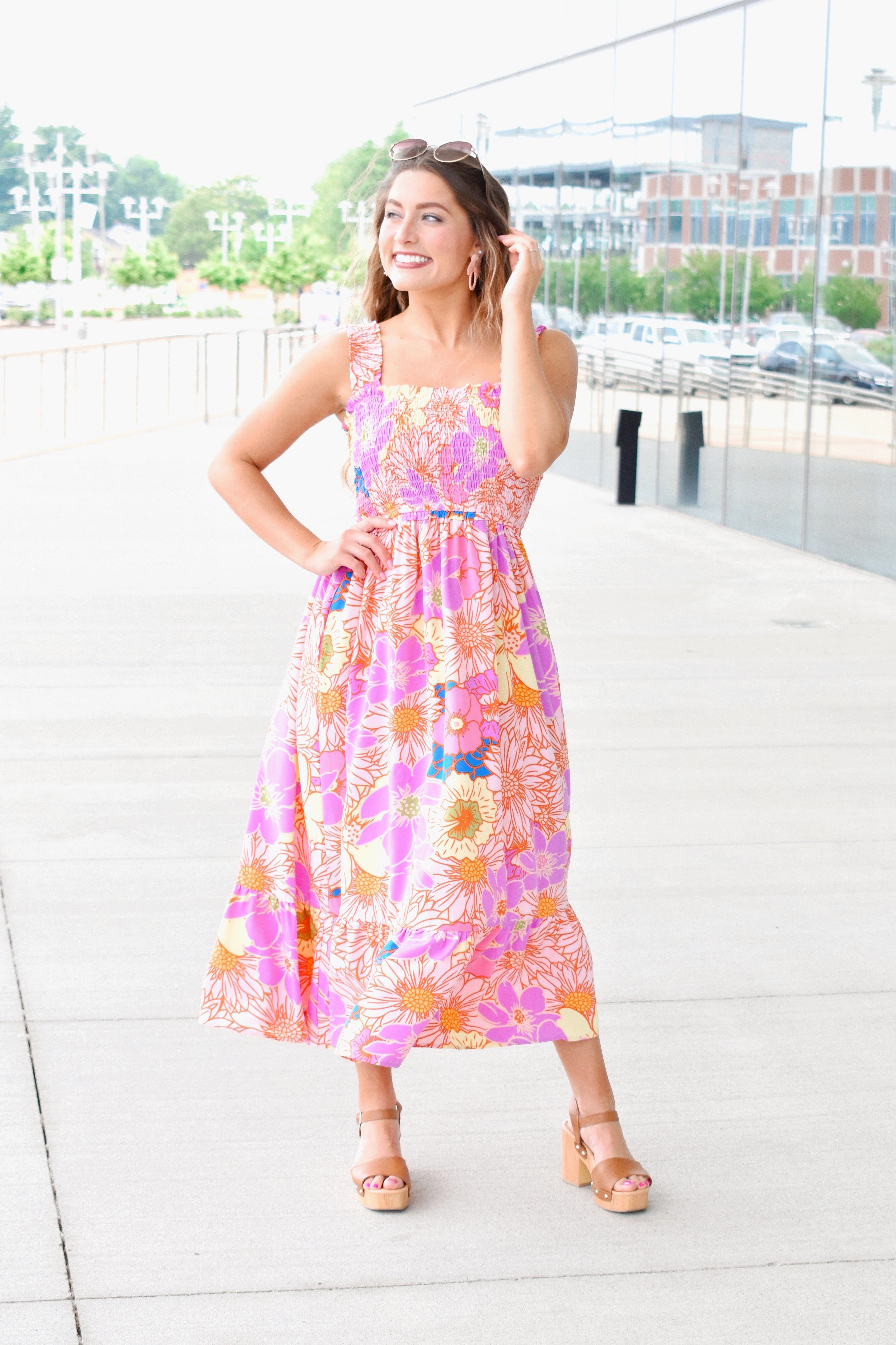 Summer Blooms Lavender Floral Midi Dress