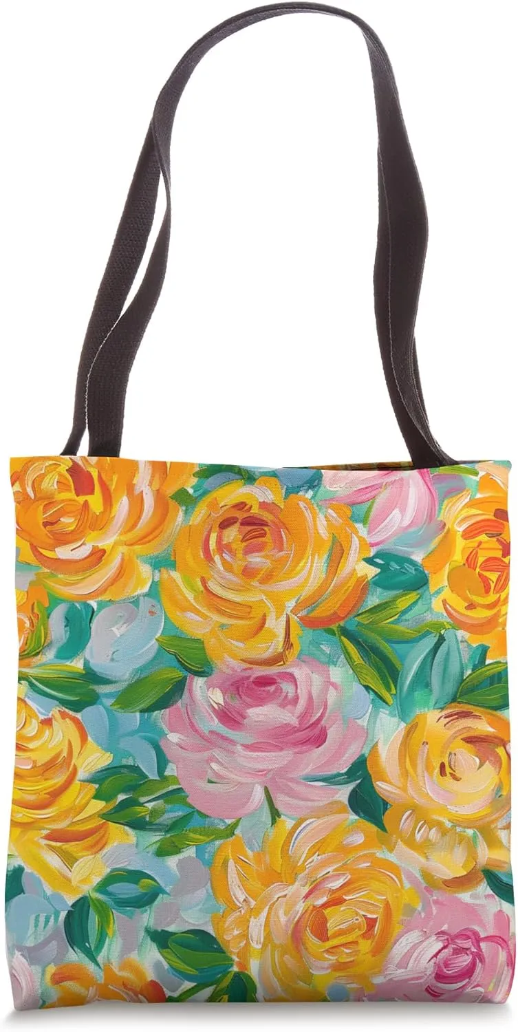 Sunlit Petals, Yellow Roses and Pink Rose Watercolor Floral Tote Bag