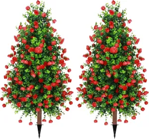 Sunnyglade 2 Packs 27.5" Artificial Rose Tree, Fake Rose Shrub Bushes Trees with Spike Faux Topiary Plants Tree for Indoor, Garden, Yard, Porch, Patio Decor