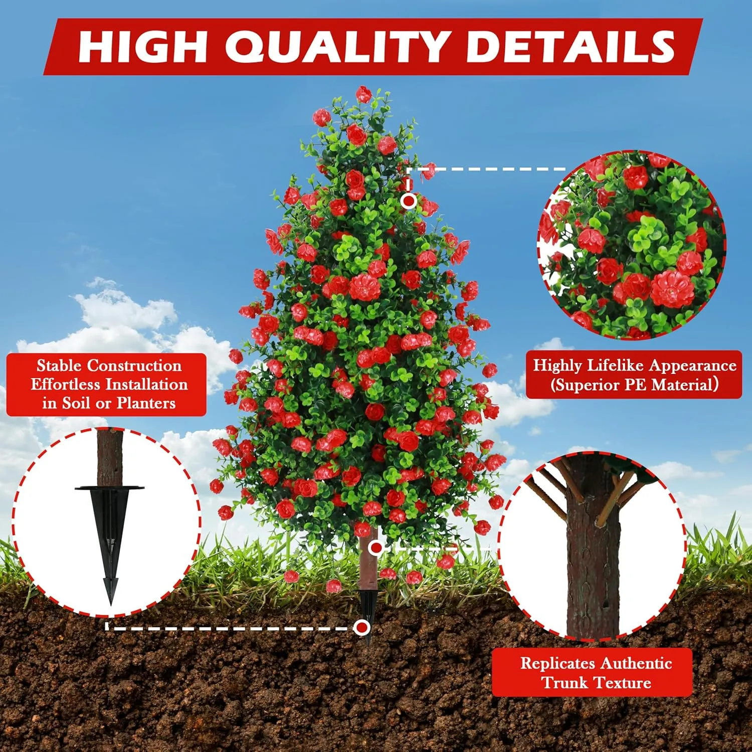 Sunnyglade 2 Packs 27.5" Artificial Rose Tree, Fake Rose Shrub Bushes Trees with Spike Faux Topiary Plants Tree for Indoor, Garden, Yard, Porch, Patio Decor