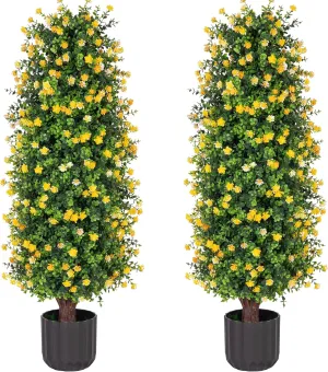 Sunnyglade 2 Packs Artificial Rose Tree 3FT- Fake Floral Plant Tree in Pot- Decorative Topiary Plant - Cement Filled Potted Faux Flower Plant for Home Office Porch Decor Indoor Outdoor(Yellow)
