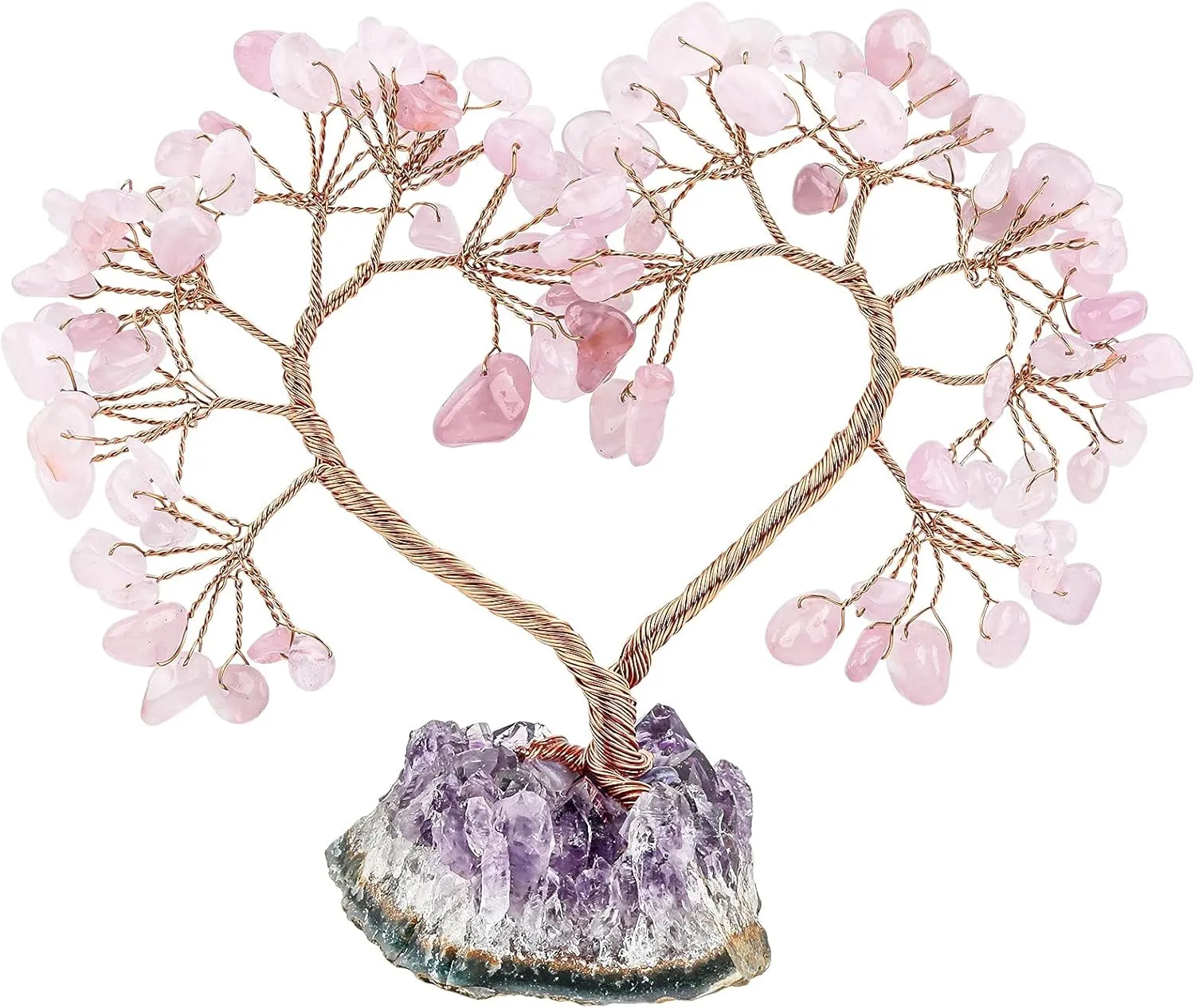 SUNYIK Handmade Healing Crystal Tree with Natural Amethyst Base, Love Heart Fengshui Money Tree for Office Home Decoration, Rose Quartz