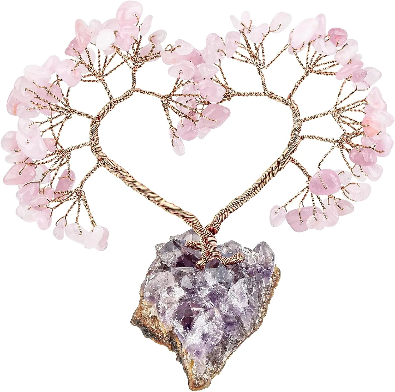 SUNYIK Handmade Healing Crystal Tree with Natural Amethyst Base, Love Heart Fengshui Money Tree for Office Home Decoration, Rose Quartz