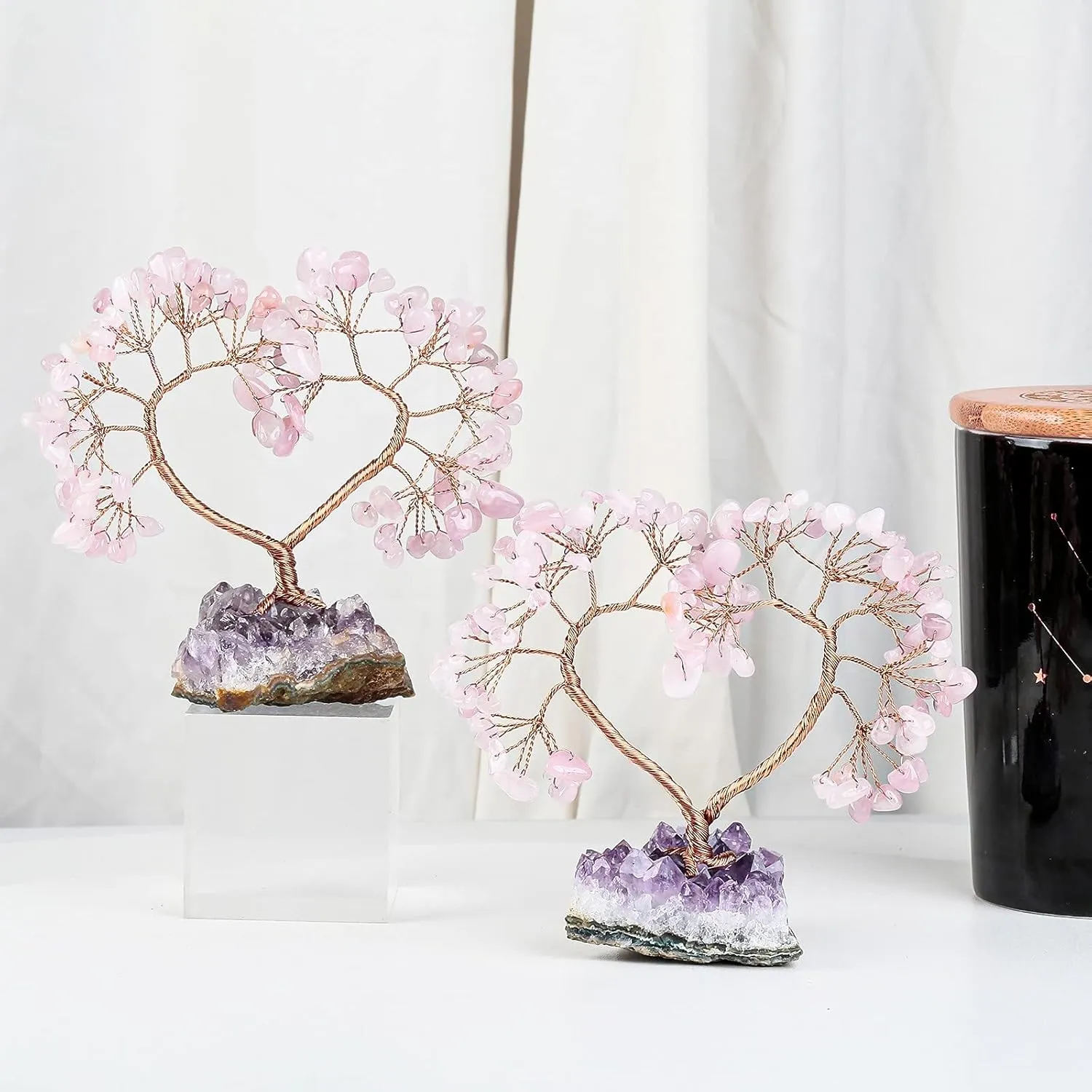 SUNYIK Handmade Healing Crystal Tree with Natural Amethyst Base, Love Heart Fengshui Money Tree for Office Home Decoration, Rose Quartz