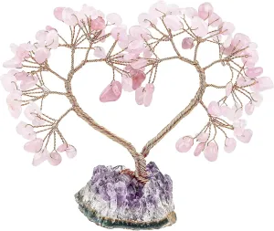 SUNYIK Handmade Healing Crystal Tree with Natural Amethyst Base, Love Heart Fengshui Money Tree for Office Home Decoration, Rose Quartz