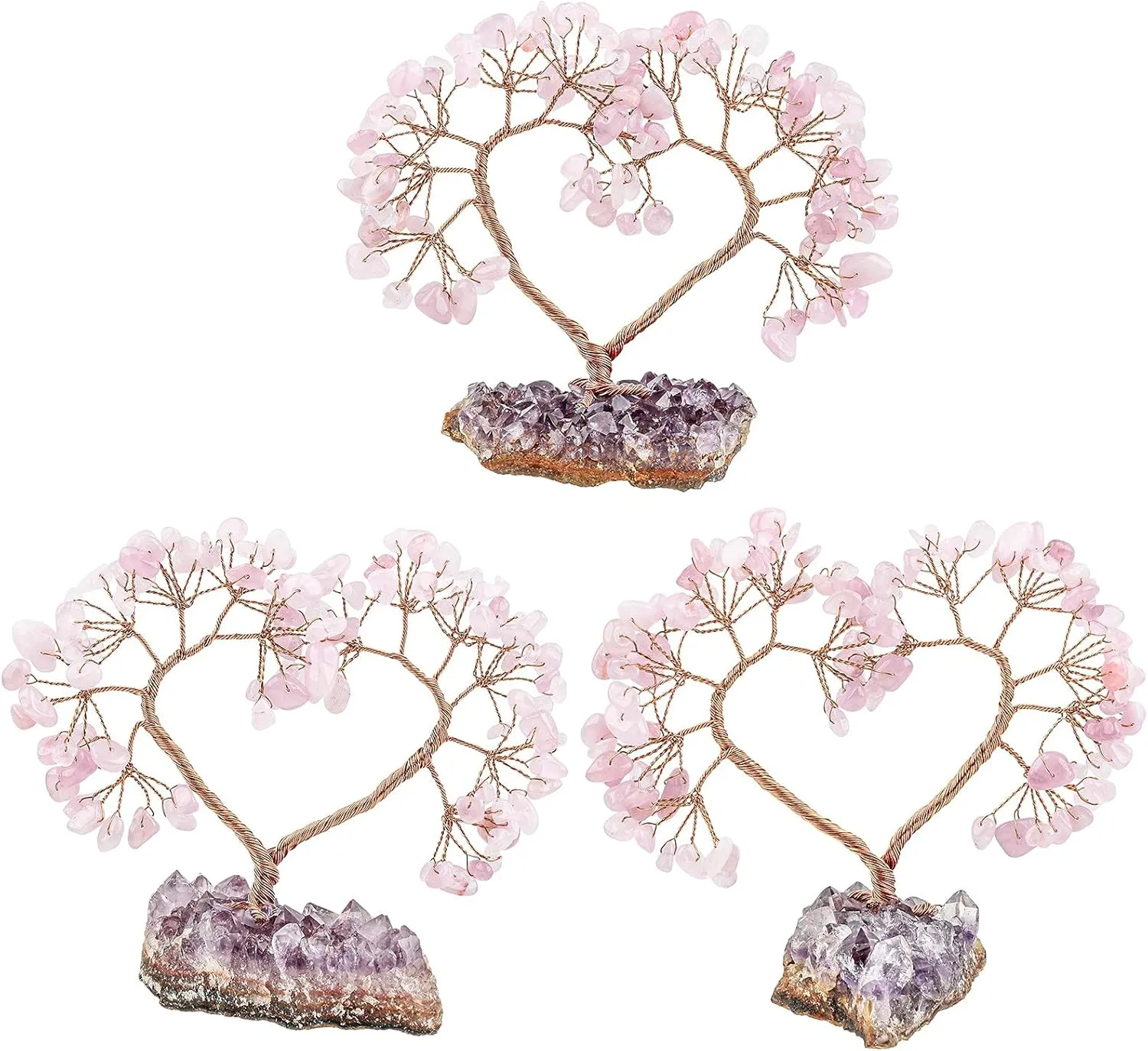 SUNYIK Handmade Healing Crystal Tree with Natural Amethyst Base, Love Heart Fengshui Money Tree for Office Home Decoration, Rose Quartz