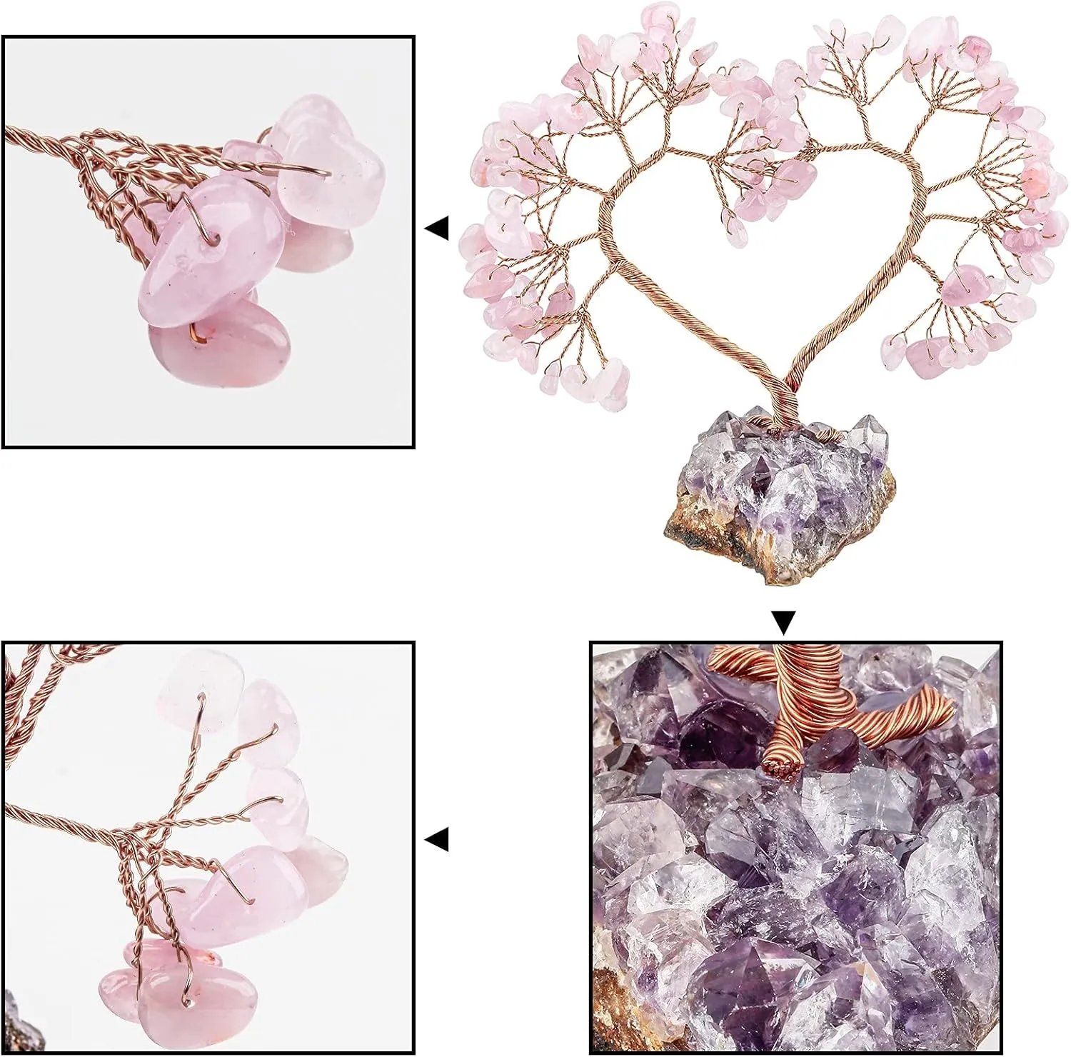 SUNYIK Handmade Healing Crystal Tree with Natural Amethyst Base, Love Heart Fengshui Money Tree for Office Home Decoration, Rose Quartz