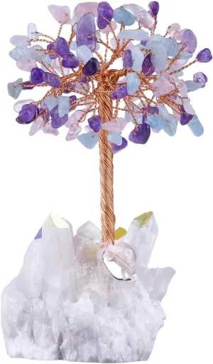 SUNYIK Handmade Natural Rose Quartz Aquamarine Amethyst Crystal Money Tree Wrapped on White AB Titanium Coated Crystal Cluster Base Bonsai Sculpture Figurine, 3Inches