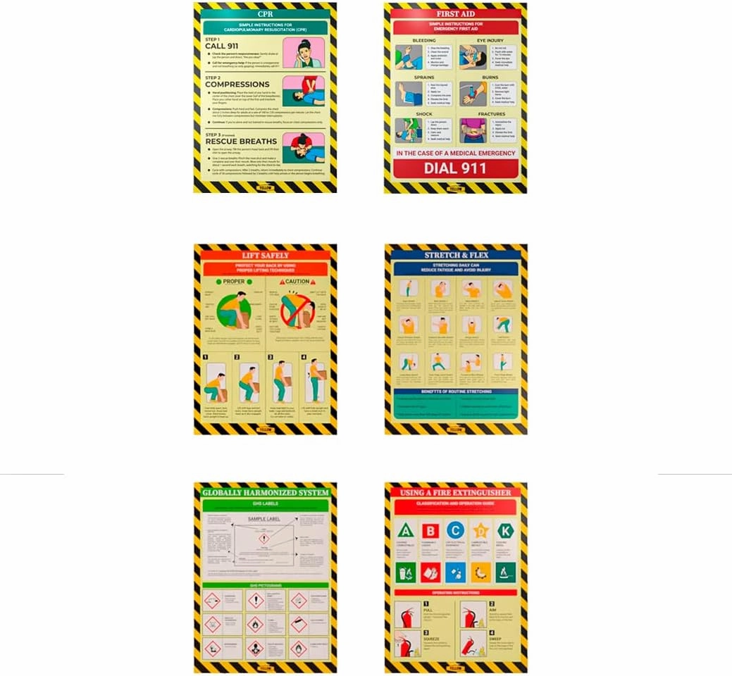 Super 6 Pack Workplace Safety Poster - Non-Lamintated, 12"x16", "Choking", "CPR", "First Aid", "Lift Safely", "Stretch & Flex", and "Fire Extinguisher".